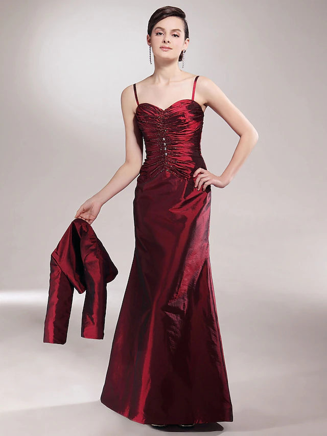 A-Linien-Kleid für die Brautmutter, Übergröße, elegant, sexy, Herzausschnitt, Spaghettiträger, bodenlang, ärmellos, Taft, mit gerüschter Perlenstickerei, seitliche Drapierung